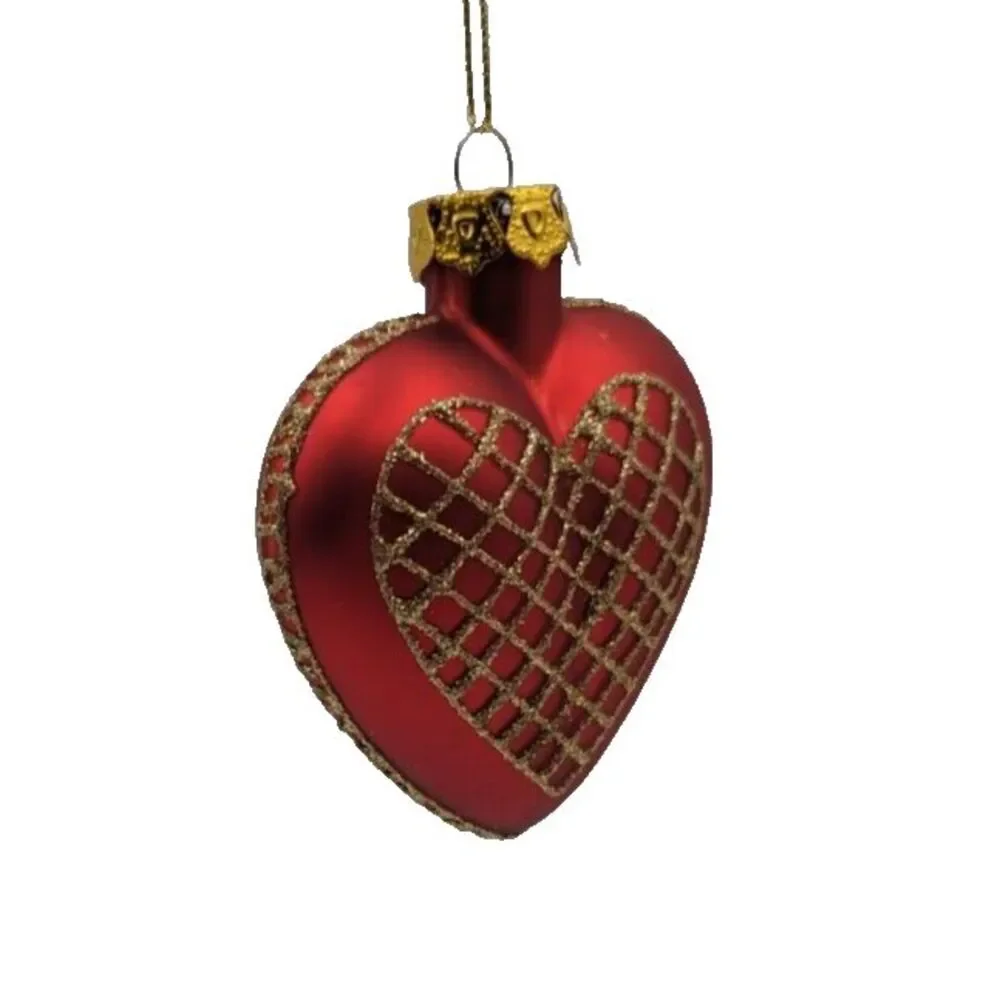 Red Heart Shaped Ornament with‎ Gold Glitter Net Design